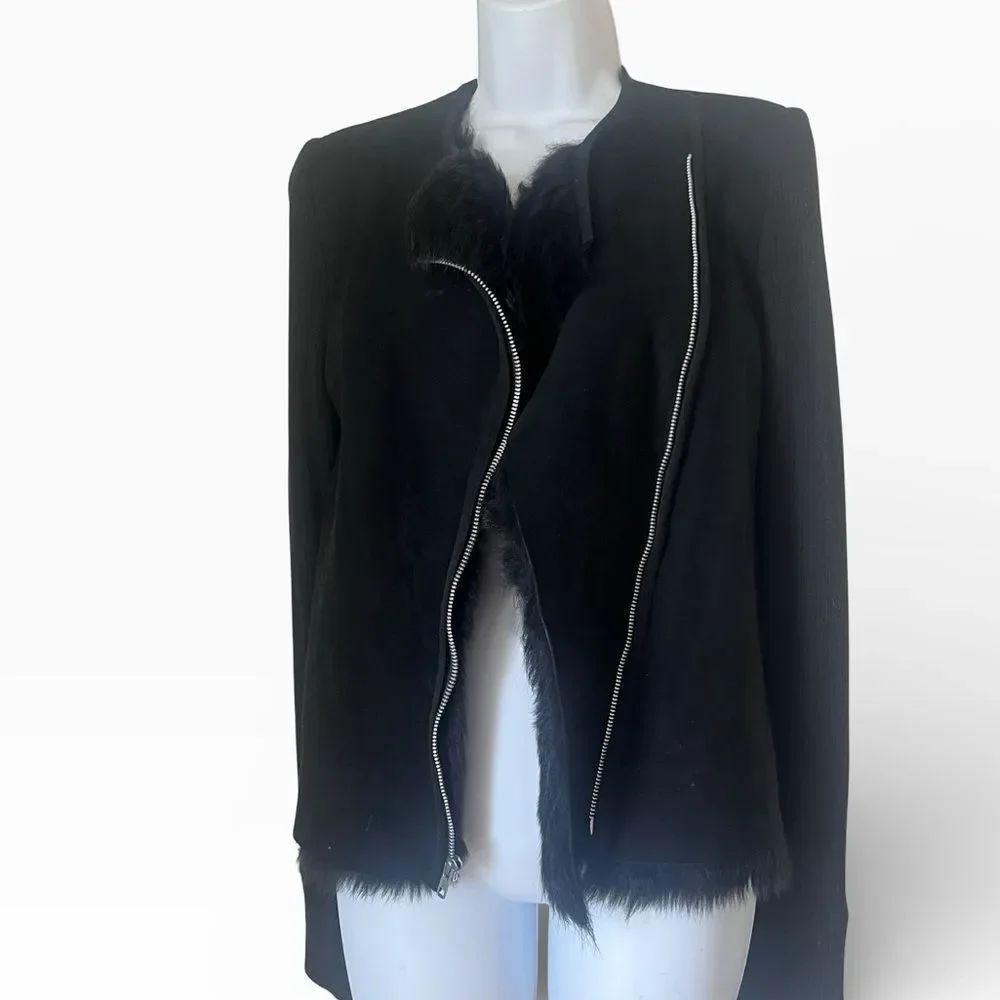 L'AGENCE Black Faux Fur Collar Motto Timeless Minimalist Sweater Jacket sz S